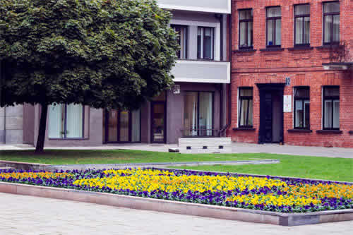 Plot med blomster foran store kommercielle bygninger